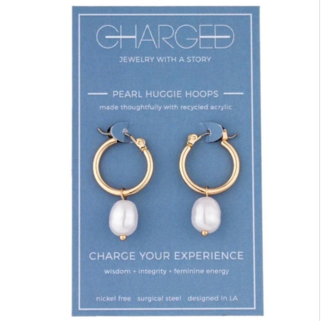 Charged Pearl Huggie Hoops Recycled Acrylic Earrings 18$